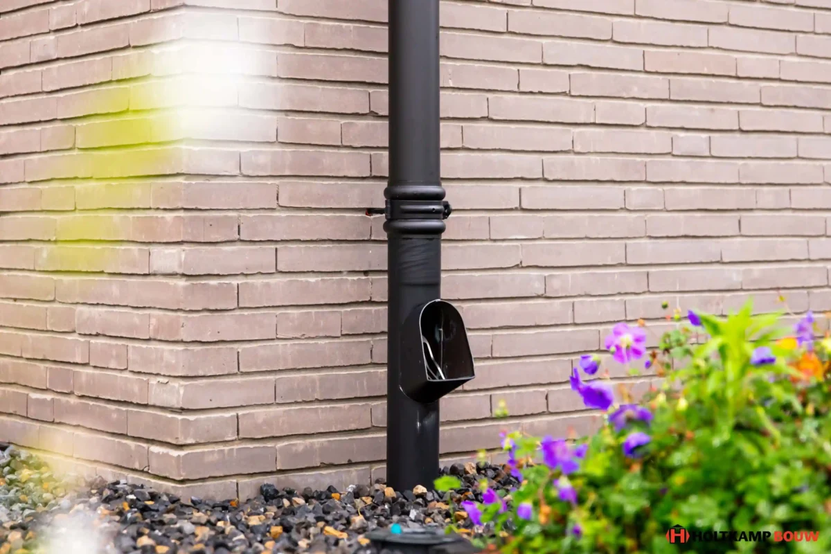 Regenafvoersysteem met een moderne zwarte regenpijp tegen een lichtbruine bakstenen gevel, omringd door beplanting
