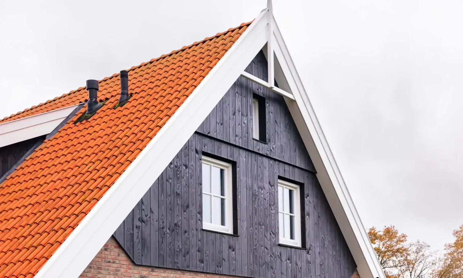 Schuurwoning in landelijke stijl met natuurlijke houtkleur en zinken regenpijp met bladvanger, ontworpen door Holtkamp Bouw