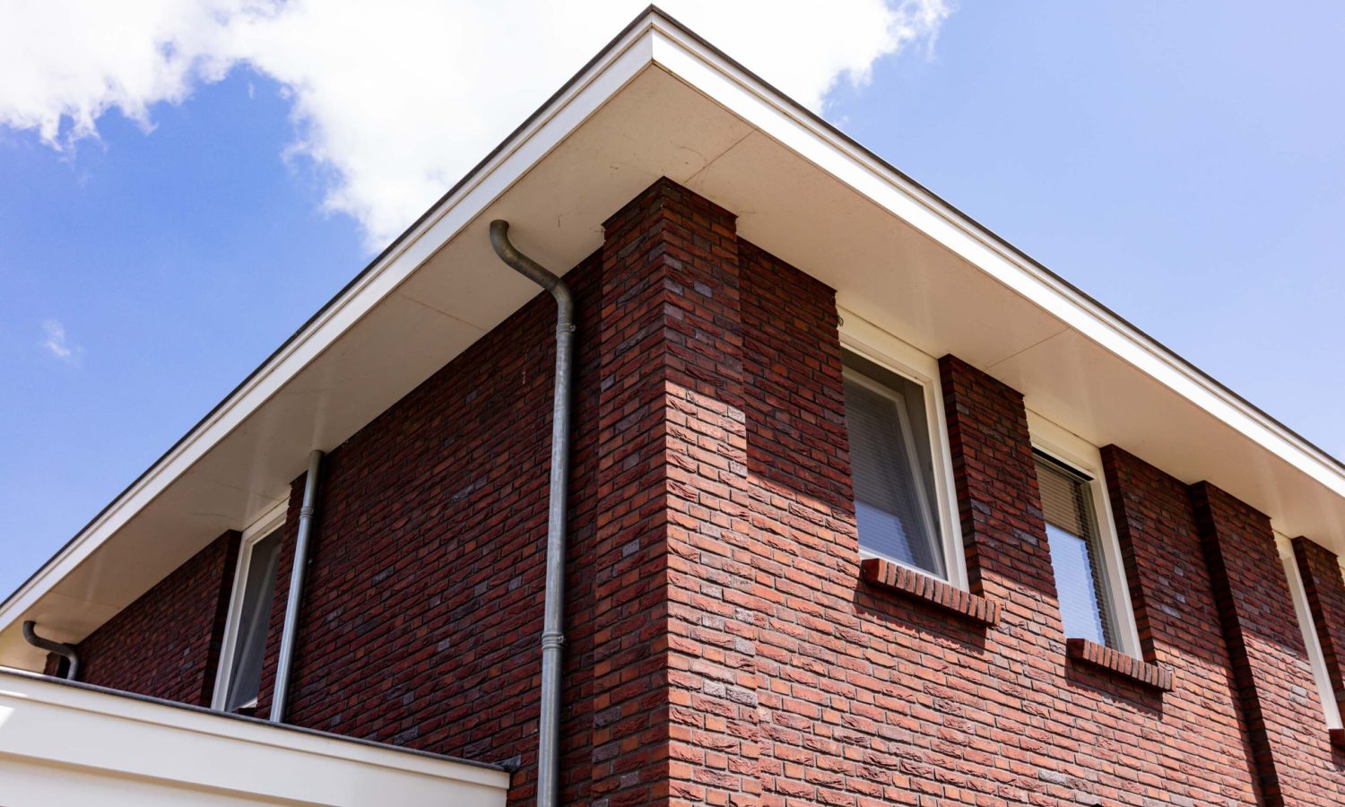 Detail van de getimmerde bakgoot en strakke afwerking van het dak, passend bij de stijlvolle architectuur van de woning.