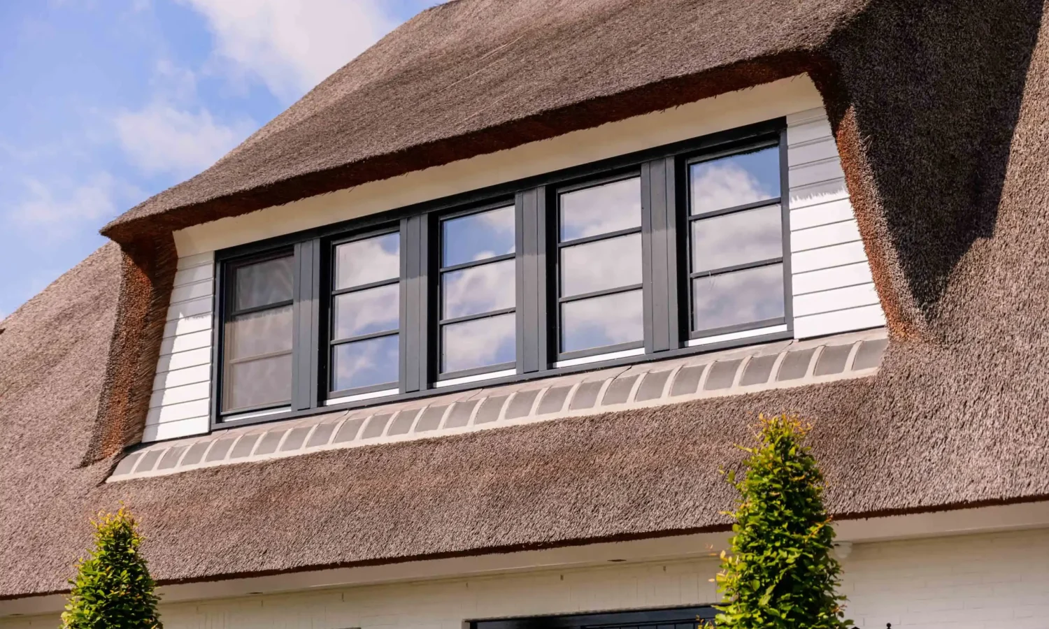 Detailopname van het rieten dak met strakke witte afwerking en zwarte kozijnen