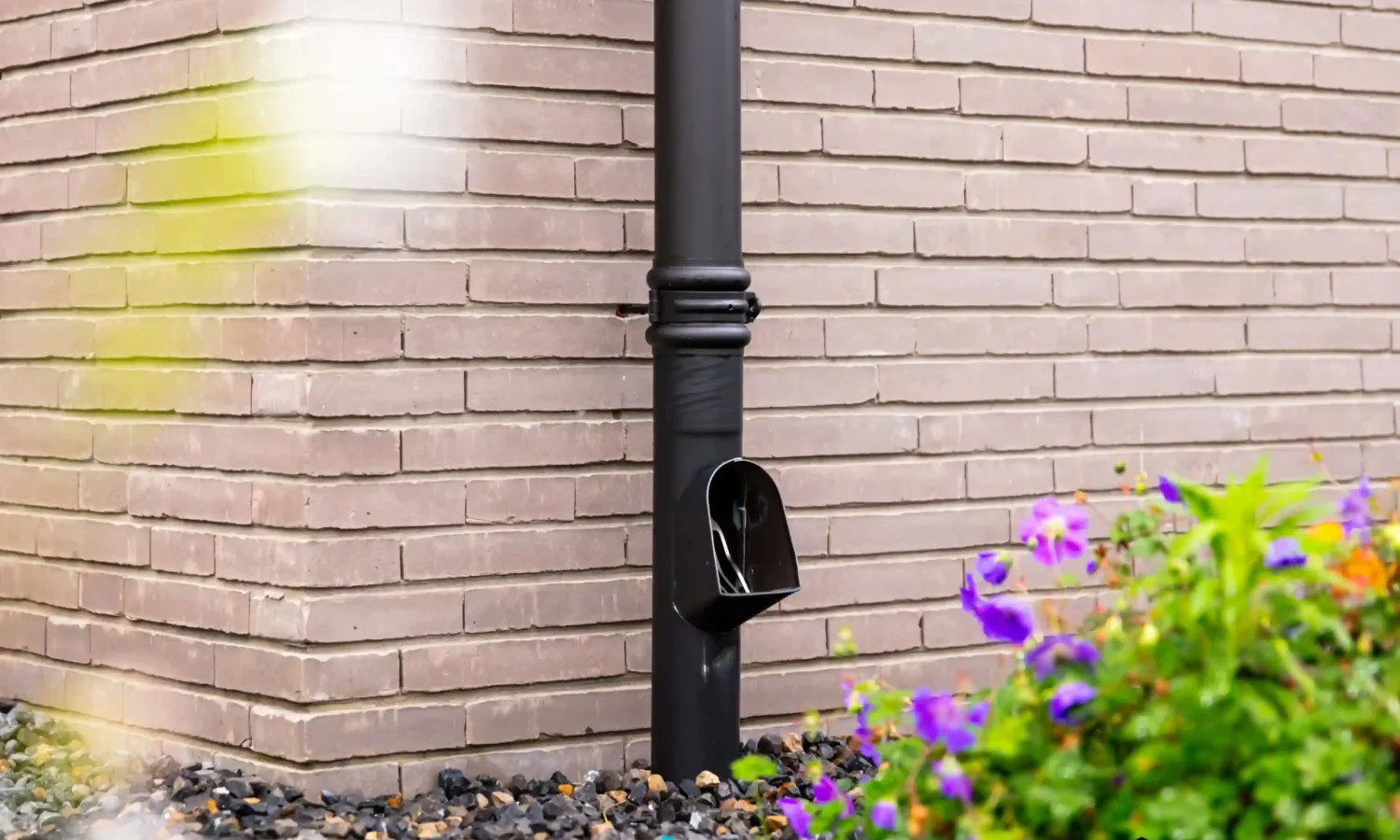 Regenafvoersysteem met een moderne zwarte regenpijp tegen een lichtbruine bakstenen gevel, omringd door beplanting